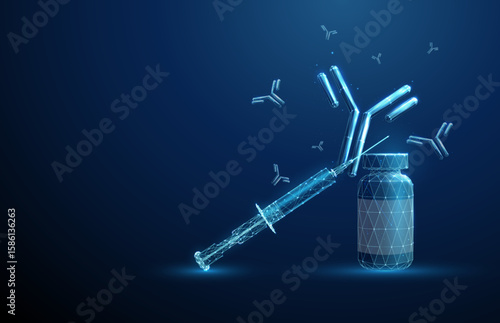 Syringe on a bottle and flying antibodies around. Concept of vaccination, antibody-based therapy, passive immunity, viral defense, biotechnology medicine. Low poly digital style.