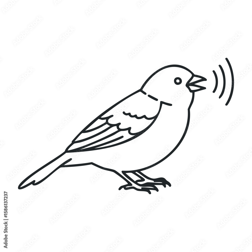 Fototapeta premium Simple black outline of singing bird with musical notes in minimalistic style. Outline vector illustration