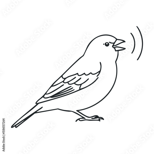 Minimalist line drawing of a singing bird on white background. Outline vector illustration