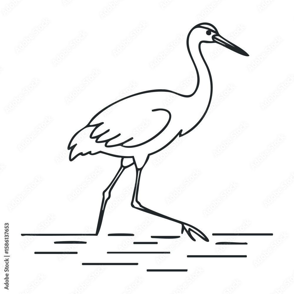 Fototapeta premium Outline drawing of a heron standing on a rock in water. Outline vector illustration
