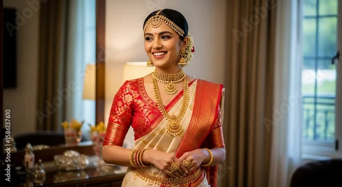 Obraz Happy indian bride in traditional sari and gold jewelry smiling indoors
