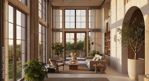 Serene Living Room with Large Windows, Neutral Tones, and Plants Bringing the Outdoors In, A Peaceful Home Interior.