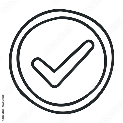 Black check mark in circular border symbolizing agreement or selection. Outline vector illustration