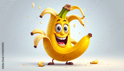 A cheerful cartoon banana character joyfully dances, its peel playfully splayed around it.