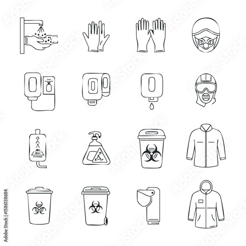 Safety equipment icons: handwashing, gloves, masks, sanitizer, biohazard disposal. Outline vector illustration