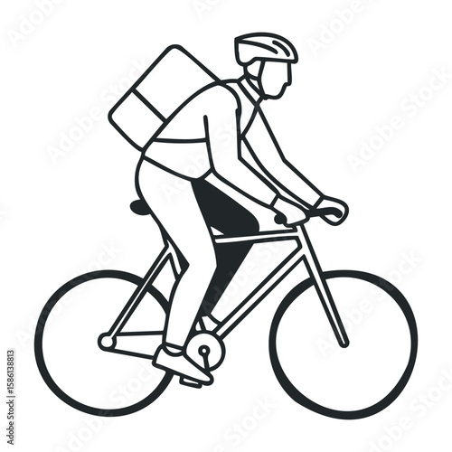 Male cyclist with helmet and backpack on bicycle delivery service outline. Outline vector illustration
