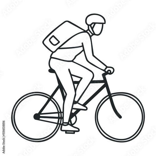 Male adult courier on bicycle with helmet and backpack in minimalistic line art. Outline vector illustration
