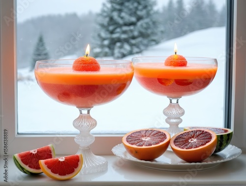 Melon balls—cantaloupe, watermelon, and blood orange segments—in a crystal bowl on a frosted window ledge. Indoor candlelight, snowy outdoor view through glass creates a cozy winter mood.