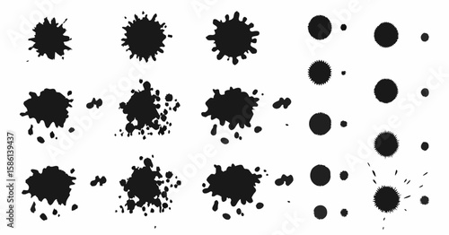 Vector  illustration of black ink splatters arranged in a three by five grid on a white background showing different forms