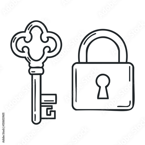 Vintage key and lock outline drawing with ornate design and simple padlock. Outline vector illustration
