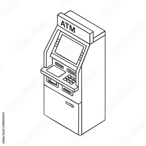 Isometric line drawing of a modern atm machine with screen and keypad. Outline vector illustration