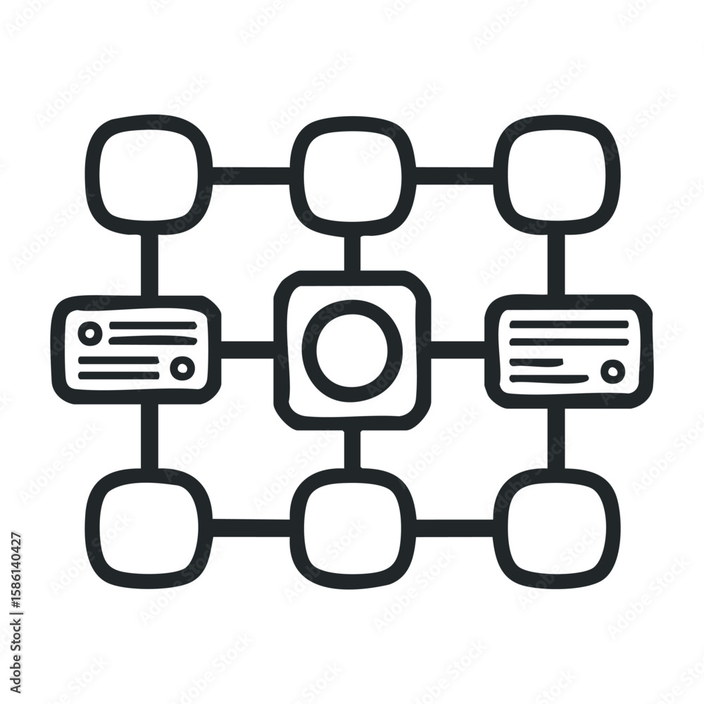 Abstract network diagram with connected nodes and central hub in black and white. Outline vector illustration Abstract network diagram with connected nodes and central hub in black and white. Outline vector illustration