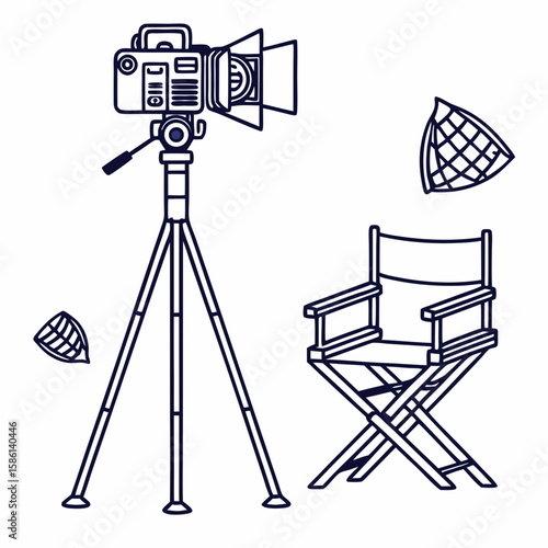 Vintage camera on tripod with director's chair and softboxes  