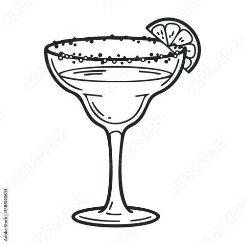 Margarita cocktail with salt rim and lime slice in black and white drawing. Outline vector illustration