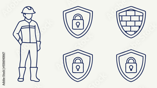 Worker and security shields with locks and brick wall hard hat safety