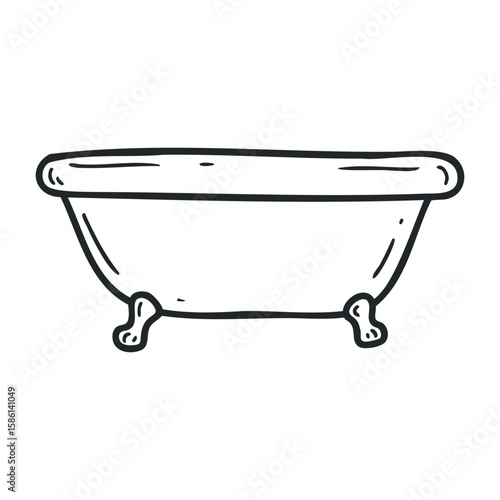Minimalist black and white illustration of a classic clawfoot bathtub. Outline vector illustration