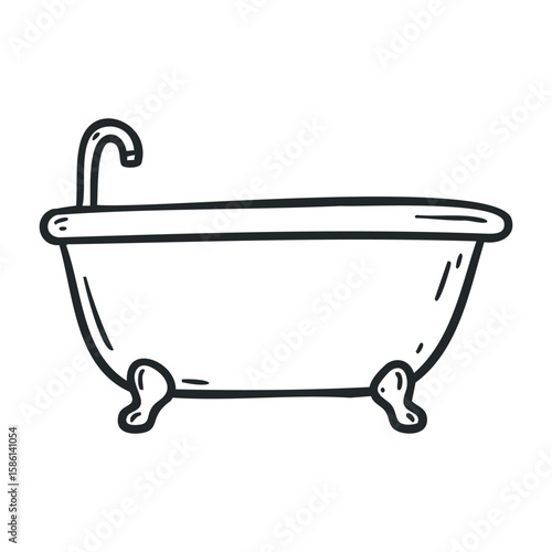 Vintage clawfoot bathtub line drawing with faucet. Outline vector illustration
