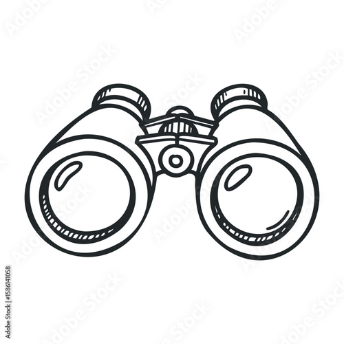 Black and white sketch of classic binoculars with reflection on lenses. Outline vector illustration
