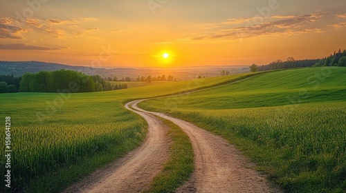 Green field with a dirt road under a golden sunset sky.
