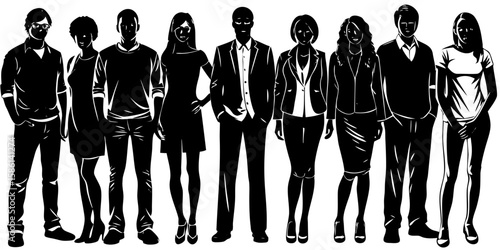 Vector  silhouette illustration of a diverse group of nine people standing together in various outfits