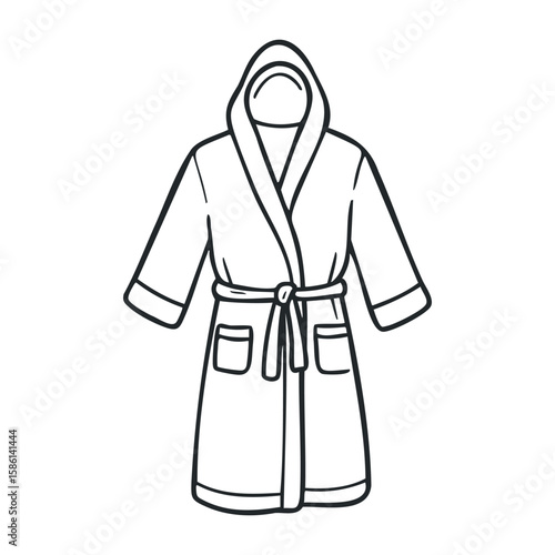 Black and white bathrobe sketch with hood and pockets on white background. Outline vector illustration