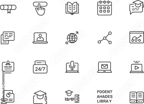 Outline Education Icons Set with Online Course, Graduation Cap, and Globe Elements