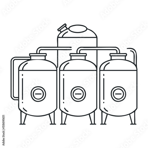Industrial brewery tanks design with pipes and vessels for beer production. Outline vector illustration