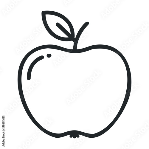 Simple black and white outline of an apple with leaf. Outline vector illustration