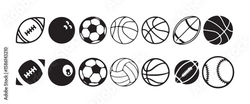Set of Sport Ball Icons. Vector Collection of Tennis, Volleyball, Football, Rugby, and Soccer Balls. Vector illustration eps10