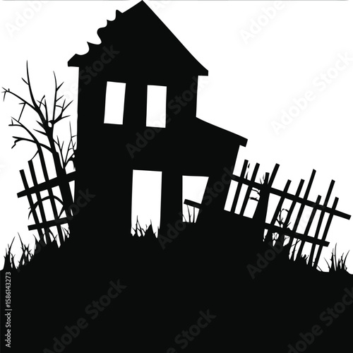Abandoned House with Broken Fence – Spooky Silhouette Vector for Haunted and Halloween Themes, abandoned house silhouette, broken fence vector, haunted house silhouette