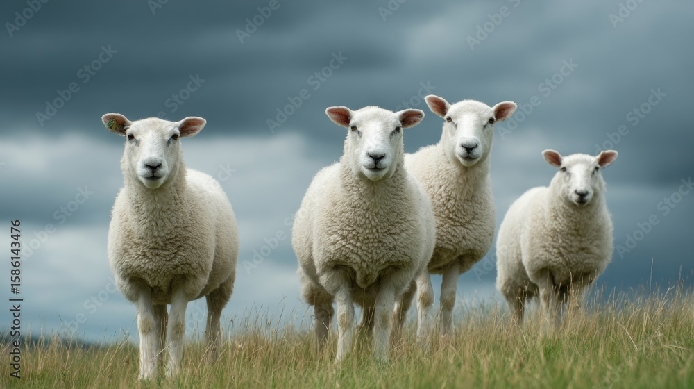 Fototapeta premium Four fluffy white sheep standing on green grass against dramatic stormy sky background.