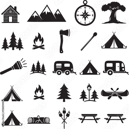Set of camping and outdoor adventure icons in black silhouette style