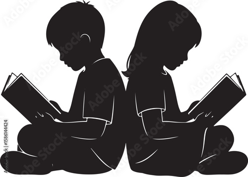 Silhouette of boy and girl sitting and reading books back to back
