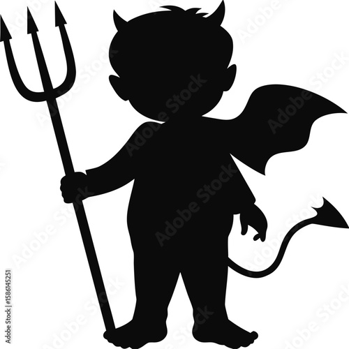 Playful Child in Devil Costume Holding Pitchfork – Cute and Spooky Silhouette Vector for Halloween, playful devil child silhouette, cute halloween kid vector, fun devil costume illustration