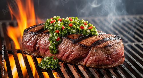 Juicy grilled steak with chimichurri sauce beef barbecue