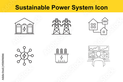 Sustainable Power System Icons Collection Line art icons representing various components sustainable power system including