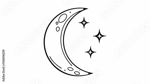 Illustration of a crescent moon with craters and three stars in a simple black and white line drawing style