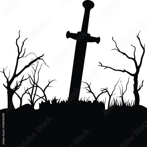 Cursed Sword Stuck in Haunted Ground – Spooky Silhouette Vector for Halloween and Fantasy Themes, cursed sword silhouette, haunted sword stuck in ground, spooky cursed blade vector
