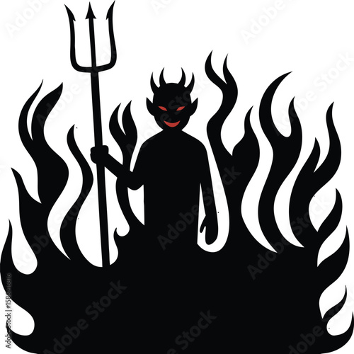 Fiery Devil with Horns and Pitchfork Standing in Flames – Dramatic Silhouette Vector for Halloween and Horror, fiery devil silhouette, blazing horned devil vector, hellfire pitchfork devil