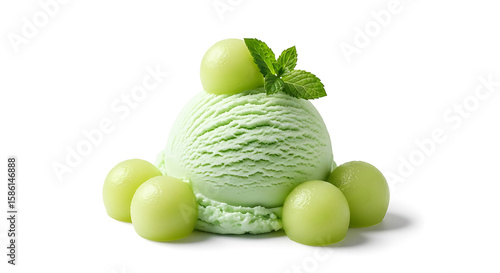 Light green ice cream scoop with melon balls and mint image
