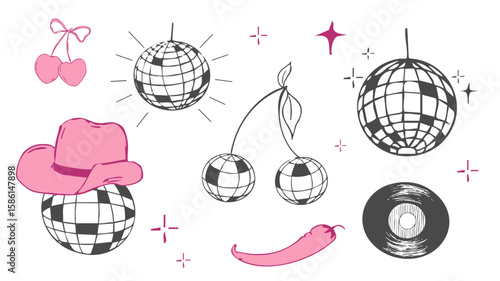 Disco ball y2k bachelorette party tattoo sketch. Disco ball with hat, vinyl, cherry disco set. Doodle shiny nightlife music illustration. Groovy 2000 party