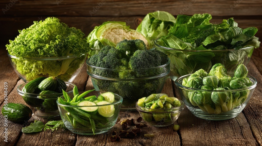 Vibrant green vegetables assortment in glass bowls on wooden surface Vibrant green vegetables assortment in glass bowls on wooden surface