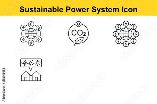 Sustainable Power System Icons Collection Showing Global Energy Network and CO2 Reduction Line art icons