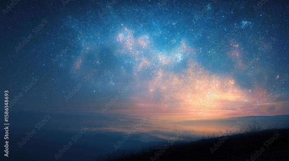 Fototapeta premium Stunning night sky view with Milky Way stars and colorful horizon over landscape.