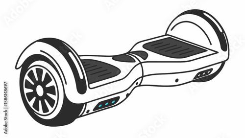 Illustration of a white and black hoverboard with visible wheels and footpads on a white background