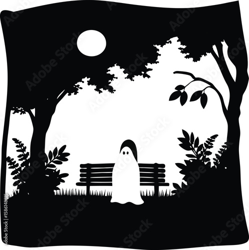 Ghost sitting on a bench in moonlight spooky eerie haunted phantom park night illustration, Ghost on bench moonlight, Haunted ghost sitting, Spooky ghost at night

