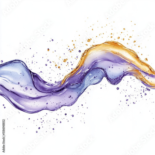 Purple-golden liquid waves with splashes on a white background, abstraction. Generative AI