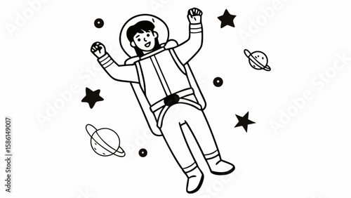 A happy astronaut floating in space surrounded by stars and planets in a black and white illustration