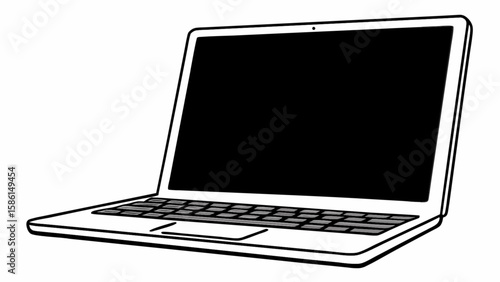 Illustration of a laptop with a black screen keyboard and trackpad in a simple black and white style
