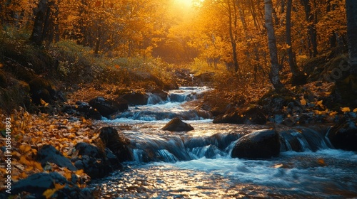 Golden sunlight filtering through autumn leaves, illuminating a rushing mountain river with breathtaking beauty.